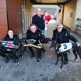 Trainer Richie Taberner, owner Keith Moores and his granddaughter Adeline with Adelinesfirstdog, while Emily Safe and Tony Drew are with their other Steel City Cup finalists Holding Blaze and Moanteen Hatton