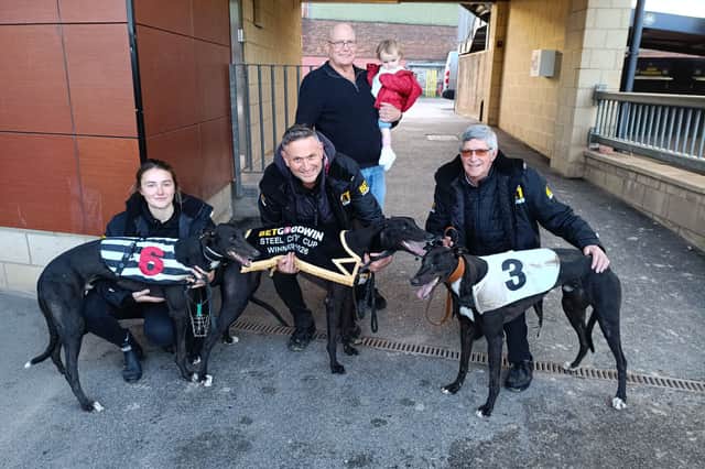 Trainer Richie Taberner, owner Keith Moores and his granddaughter Adeline with Adelinesfirstdog, while Emily Safe and Tony Drew are with their other Steel City Cup finalists Holding Blaze and Moanteen Hatton