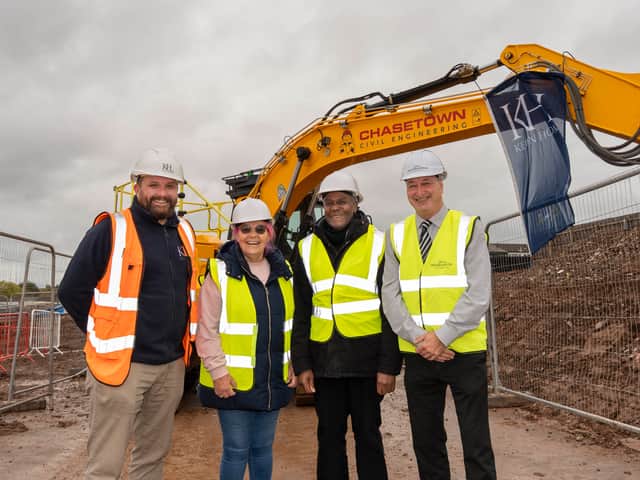 Matt Wilkes, project manager at Keon Homes, New Park Village residents Val McKean and Martin Longmore, and Wolverhampton Council's housing spokesman Councillor Steve Evans