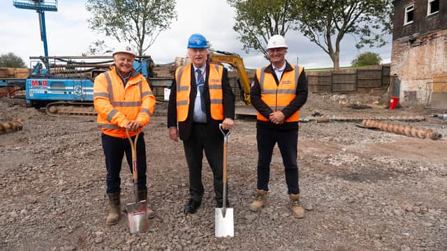 Groundbreaking at the old Flour Mill site, Tipton - Left to right, Stuart MacKenzie, director at McPhillips, Councillor Ray Nock, leader of Sandwell Council, and Martin Hill, McPhillips project manager