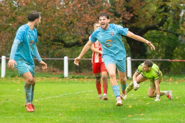 Cain Patterson celebrates his goal for Dawley Town against Brereton Social.