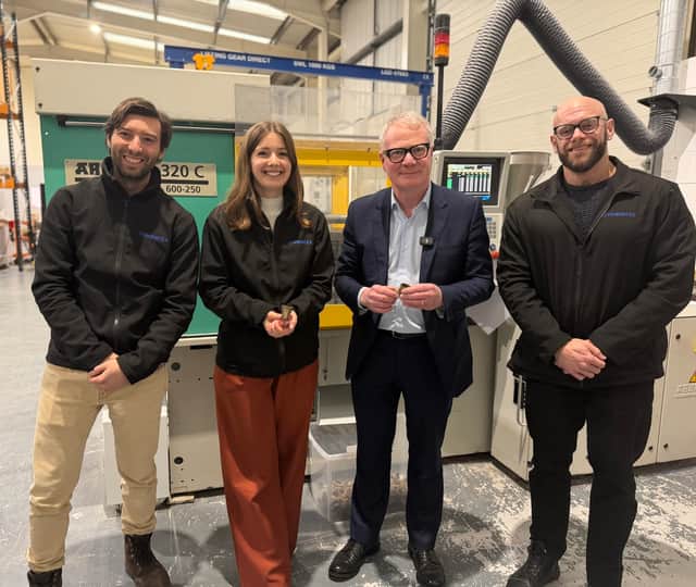 L-R: Dr Mattia Parati, Olivia Simpson and Andy Barrass at SymbioTex in Wolverhampton, with Mayor Richard Parker, second from right.