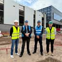 Andy Couves (Capital Investment Manager at Sport England), Councillor Ray Nock (Leader of Sandwell Council), Councillor Michael Cooper ( Cabinet Member for Customer Services and Neighbourhoods at Sandwell Council) and James Hilton (Project Manager at Speller Metcalfe) visit the site of the new Haden Hill Leisure Centre