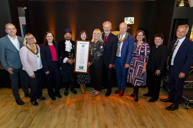 Daniel Buckroy, event compere, Jane Farrow, chairman of the council's consort, Laura Evans, High Sheriff Pritpal Nagi, poet Joss Musgrove Knibb, Lichfield mayor Rosie Harvey-Coggins, deputy lieutenant Jeremy Cotton, Lichfield District Council chairman Thomas Marshall, Louise Fleming of The Hub, Dean of Lichfield, Rt Rev Jan McFarlane, and Julian Fisher