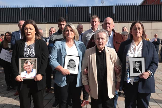 Supporters of the family of GAA official Sean Brown, with Siobhan’s daughter Eimear, left, widow Bridie Brown, second right, daughter Siobhan Brown, right, daughter Clare Loughran, second left (Liam McBurney/PA)