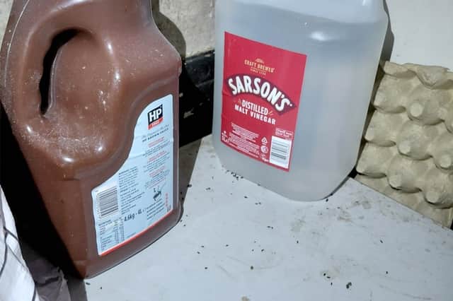 Mouse droppings found in store room next to bottled sauce and vinegar