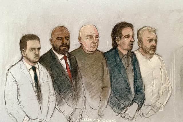 Court artist sketch in January by Elizabeth Cook of (left to right) Mohammed Hassan, Norman Macksoni, Richard Wilkins, Connor Sanderson-Doyle and Dean Hamilton (Elizabeth Cook/PA)