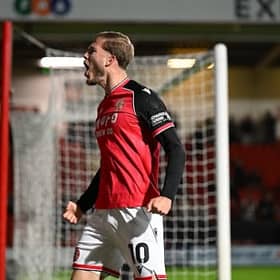 Lewis Simper celebrating his first league goal for Walsall against Salford.