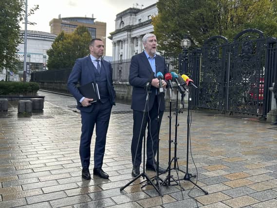 Sinn Fein Minister John O’Dowd speaking to the media prior to a police interview in relation to his participation in an allegedly unlawful protest in Portadown last month