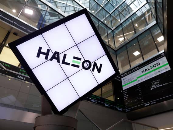 Haleon sign inside an office building