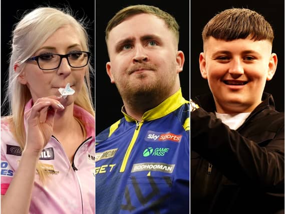 Composite image of darts players Fallon Sherrock, Luke Littler and Mitchell Lawrie, left to right