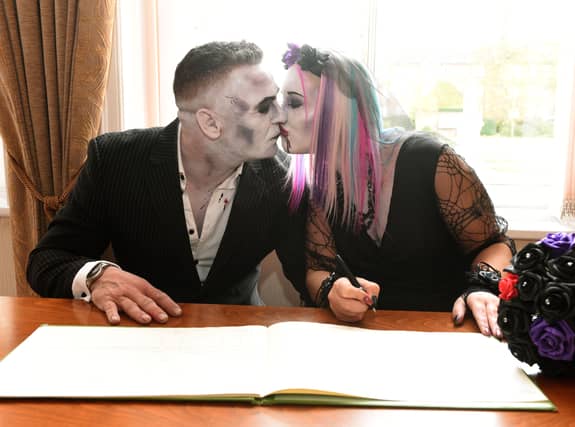 PICTURE FROM THE ARCHIVE: Lovebirds Angela Lloyd and Wayne Boycott gave their big day a spine-chilling twist when they tied the knot in full fancy dress on Halloween. The Burntwood couple traded traditional wedding attire for ghoulish makeup and macabre outfits as they signed the register back on October 31, 2017. Friends and family also got into the spooky spirit, joining the bride and groom in full costume for the hauntingly unique ceremony.