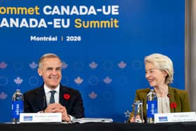 EC president Ursula von der Leyen (right) gives remarks alongside Canadian Prime Minister Mark Carney