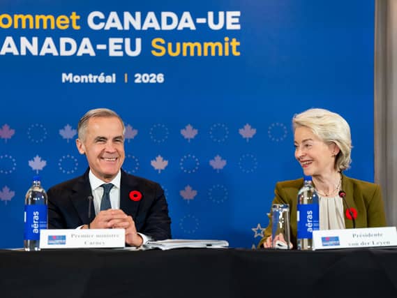 EC president Ursula von der Leyen (right) gives remarks alongside Canadian Prime Minister Mark Carney