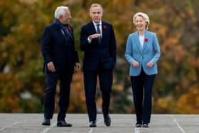 Mark Carney (centre) arrives at the Canada-EU summit with European Council president Antonio Costa (left) and European Commission president Ursula von der Leyen in Montreal
