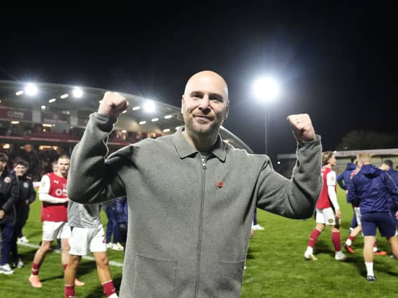 Fleetwood Town manager Matt Lawlor celebrates