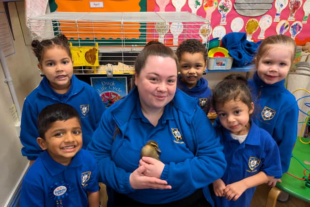 Enjoying a duck moment Little Trinity Nursery’s Miss Jade Hyrons and 4-year-old Arrish