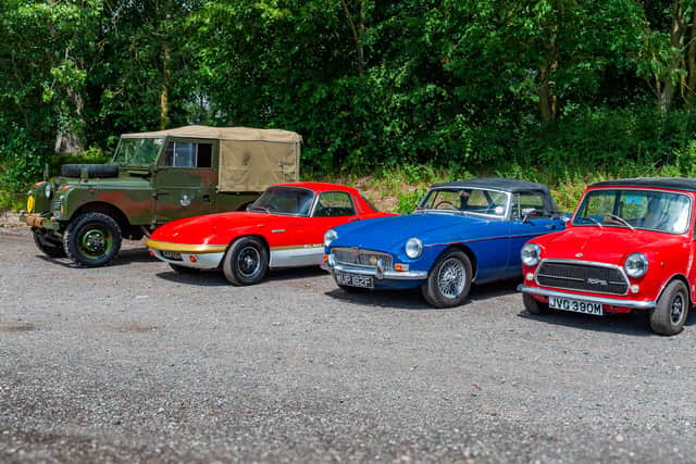 The 1956 ex-military Series One Land Rover, 1972 Lotus Elan Sprint FHC, 1967 MG B and 1974 Innocenti Mini Cooper.