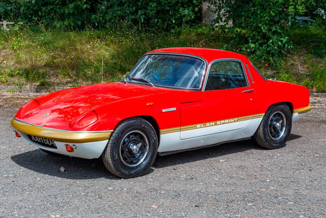 The 1972 Lotus Elan Sprint fixed head sports coupe in red, gold and white sold at £17,700.