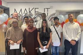 Sixth form students at Shireland Collegiate Academy celebrate results with Principal and Head of Sixth Form. 
