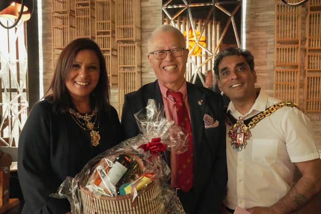 From left to right - Mayoress of Wolverhampton Ranjit Dhillon, Director of COSMO Group Kan Koo and The Mayor of Wolverhampton, Councillor Paul Singh.