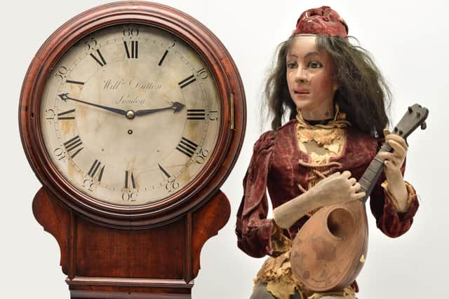 The drop dial wall clock by respected 18th century horologist William Dutton of London, sold at £17,500, and ‘The Mandolin Player’ automaton by Gustave Vichy sold at £3,200
