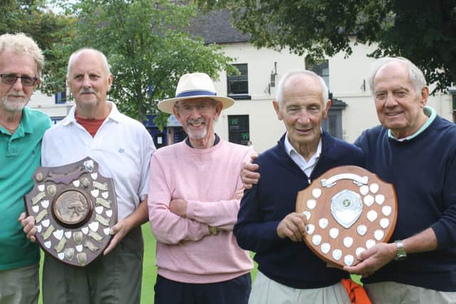 Pair winners Malc Brittle & Barry Dean, Des Pugh Runners up Robin Bhageerutty and Dave Griffiths