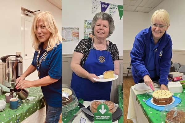 From left: Rugeley & District Lions Club President Debra serves the first cup of coffee, while Lion Jane, Lions star baker, serves a slice of her delicious homemade cake, assisted by Lion Mandy