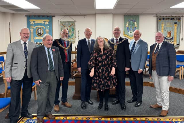 Suzanne Davies from Compton Care shares a joke with members of Staffordshire Freemasons