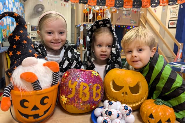 4-year-old Lilly Sabin with 3-years-olds Erin Lalor and Enzo DeBeer having lots of Halloween fun!