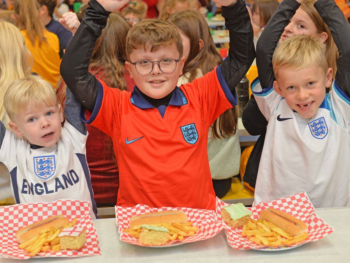 CANNOCK COPYRIGHT TIM STURGESS EXPRESS AND  STAR...... 23/11/2022    Chancel primary schoolin Rugeley is holding a World Cup lunch and activities throughout the day, including dancing in the hall, and the kids will all be wearing football shirts. Pictured left, Samuel Moulds,6,Kye Banner,9, and Hugo Bushnell,6....