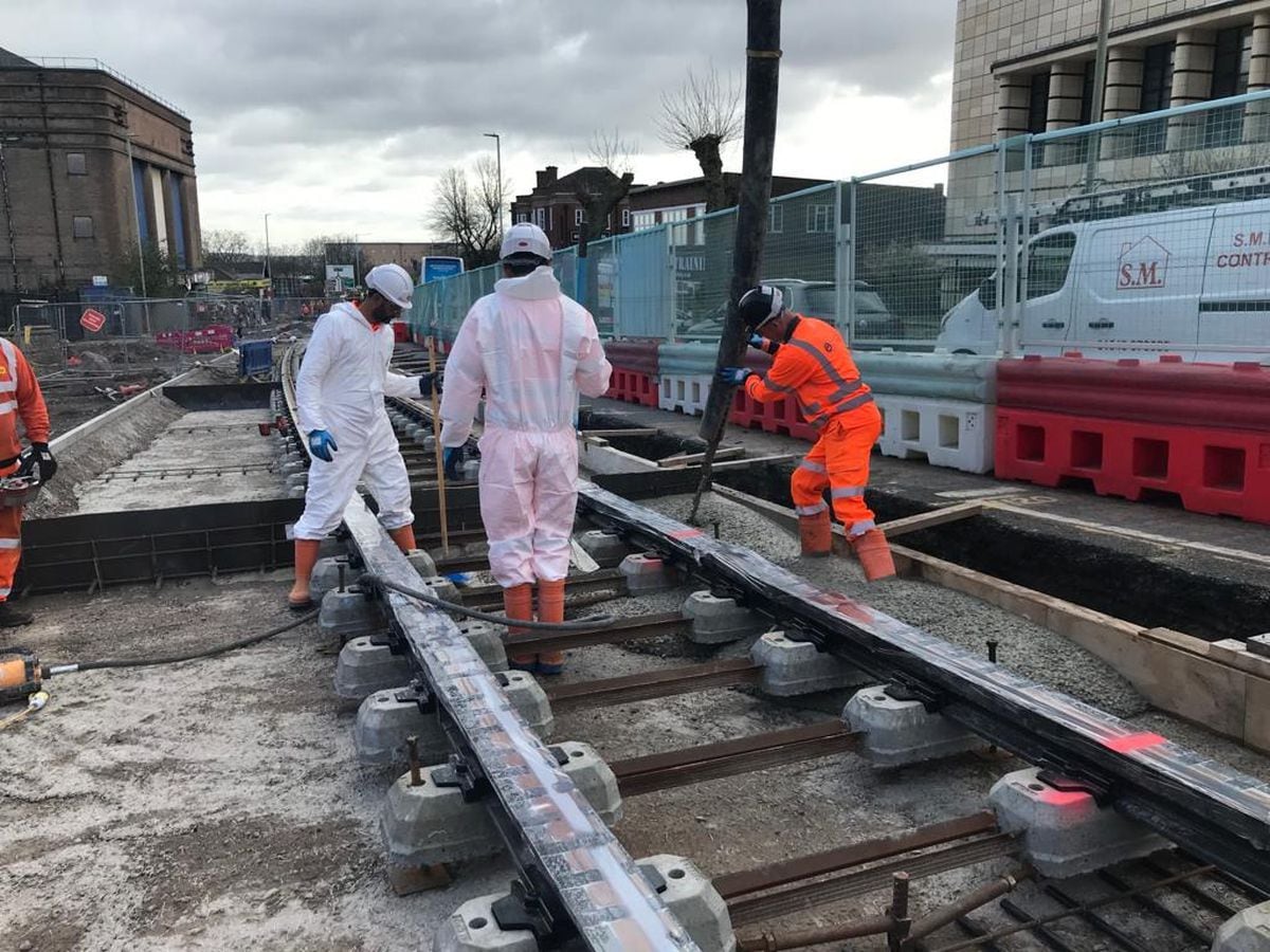 Concrete being poured onto Castle Hill in April during the Metro extension work. Photo: Midland Metro Alliance