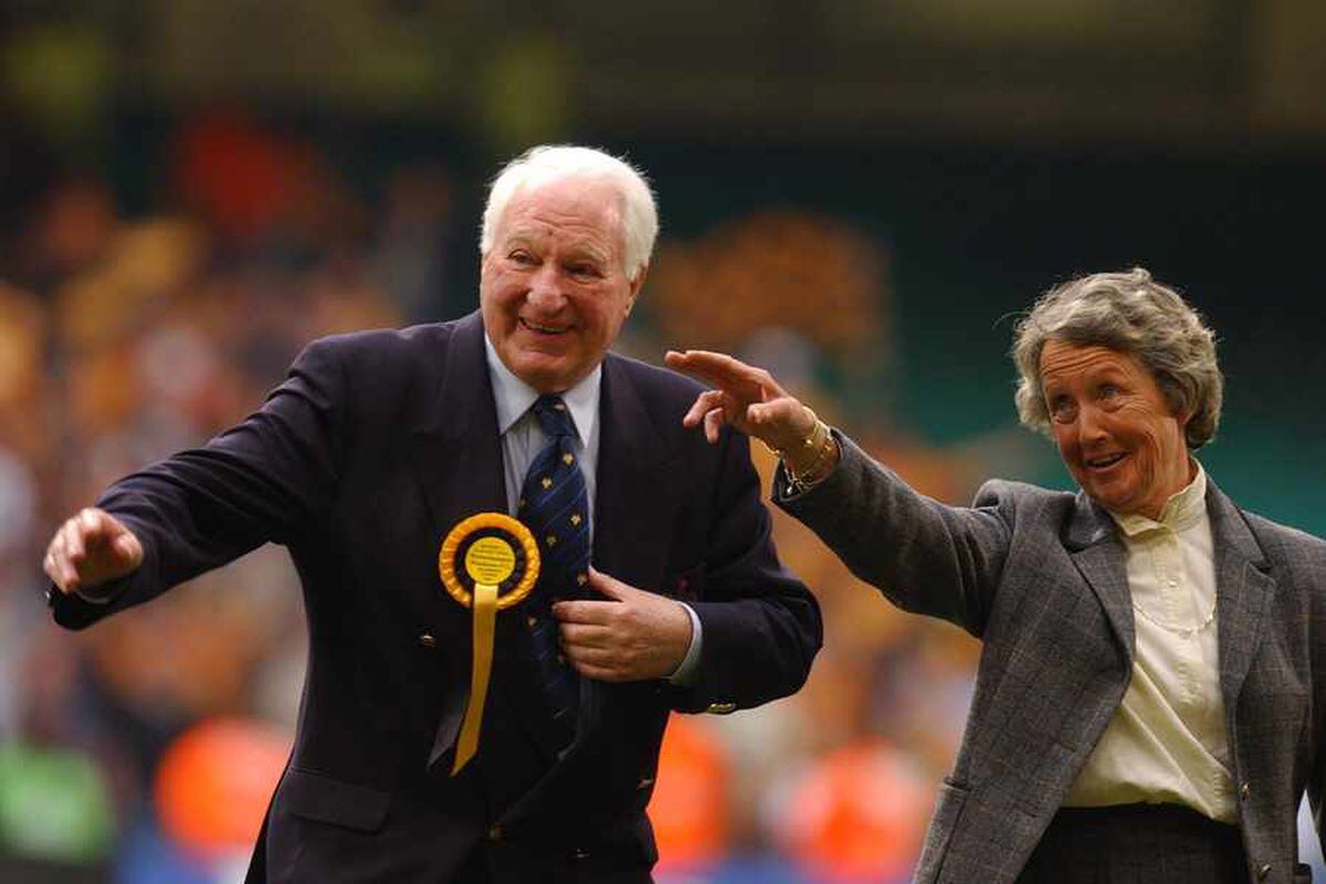 Rachael with Sir Jack Hayward at the 2003 First Division Play Off finals at the Millennium Stadium