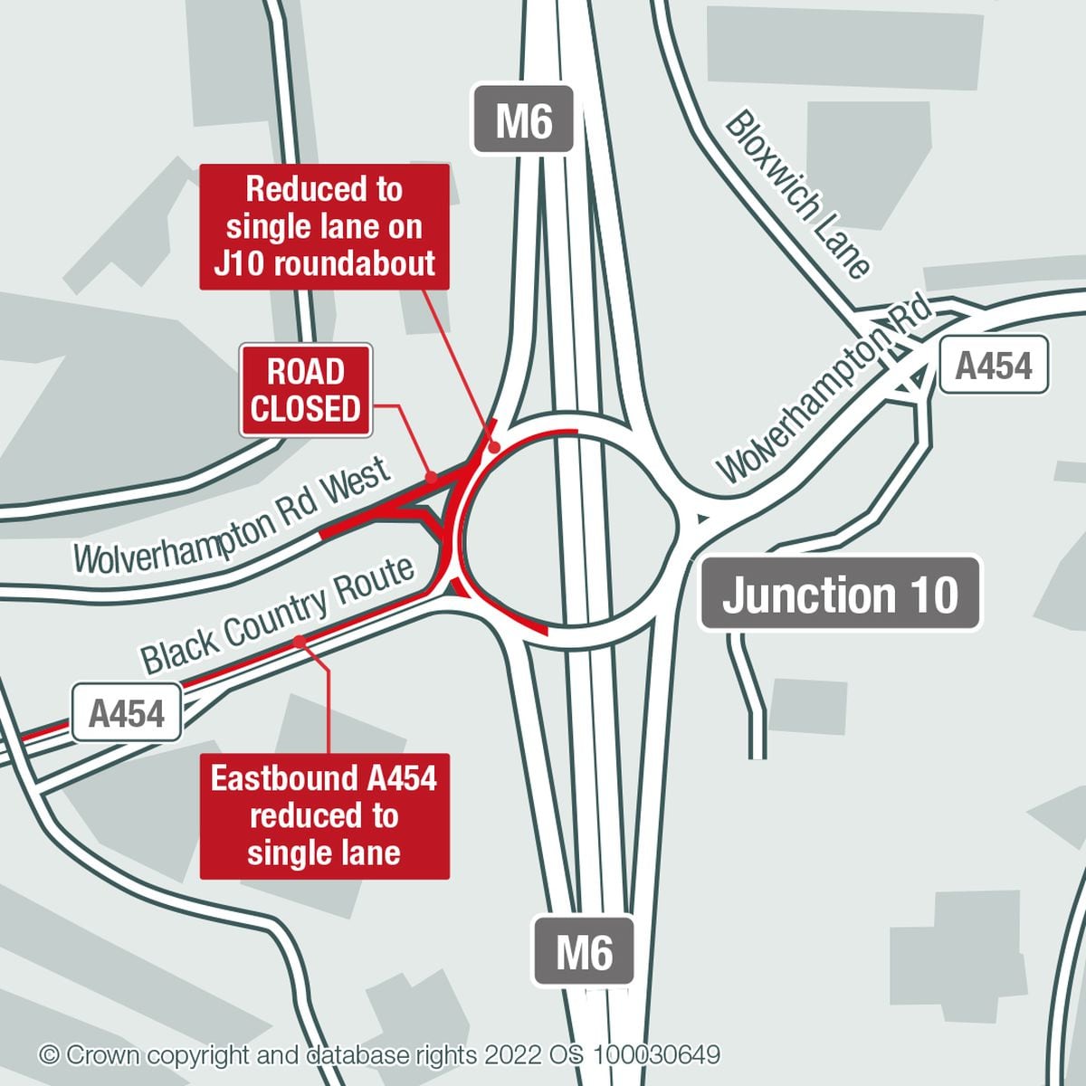 Planned closures around M6 Junction 10. Photo: National Highways