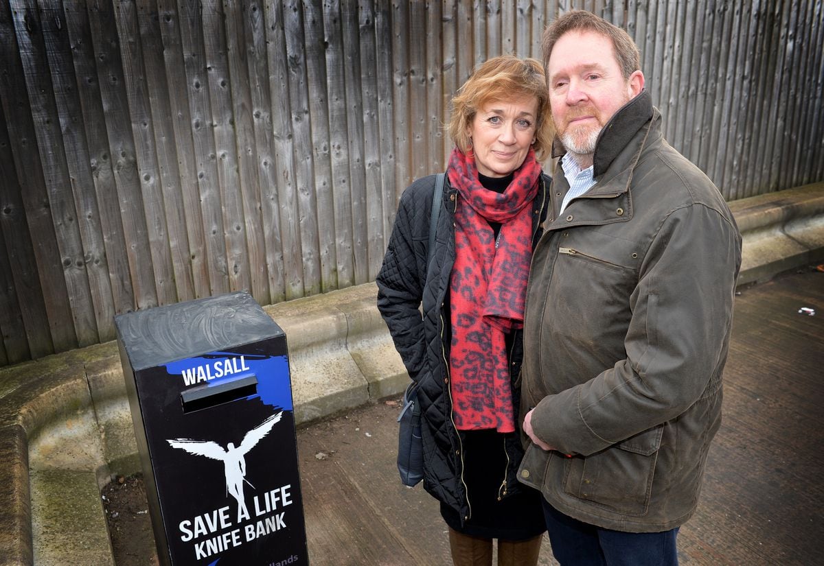 Beverley and Mark Brindley with the knife bin in Walsall
