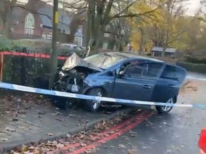 The crashed Vauxhall Corsa in Park Road, Bloxwich