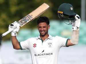 Worcestershire's Brett D'Oliveira celebrates his century during day one of The Bob Willis Trophy match at Blackfinch New Road, Worcester..