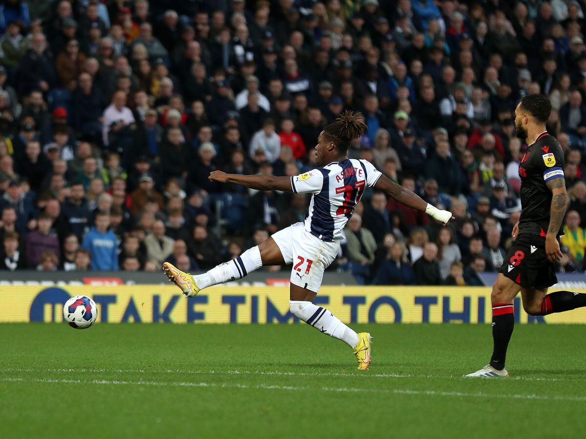 Brandon Thomas-Asante of West Bromwich Albion during the Sky Bet Championship between West Bromwich Albion and Stoke City at The Hawthorns on November 12, 2022 in West Bromwich, United Kingdom. (Photo by Adam Fradgley/West Bromwich Albion FC via Getty Images).