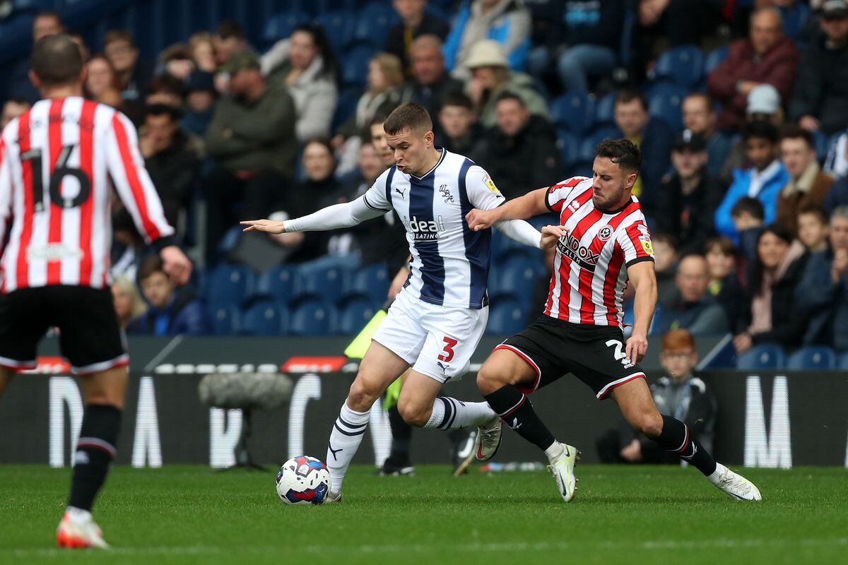 Conor Townsend  of West Bromwich Albion and George Baldock of Sheffield United  during the Sky Bet Championship between West Bromwich Albion and Sheffield United at The Hawthorns on October 29, 2022 in West Bromwich, United Kingdom. (Photo by Adam Fradgley/West Bromwich Albion FC via Getty Images).