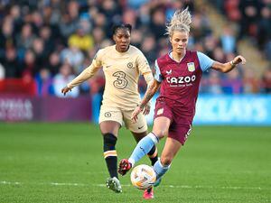 Aston Villa's Rachel Daly (right) and Chelsea's Kadeisha Buchanan battle for the ball during the Barclays Women's Super League match at Poundland Bescot Stadium, Walsall. Picture date: Sunday April 2, 2023.