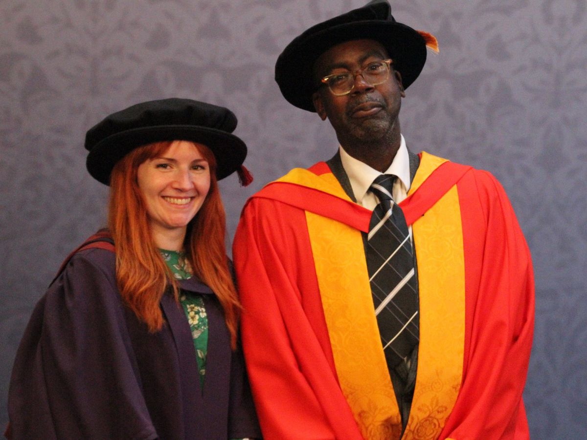 Professor Laura Caulfield congratulates Patrick Vernon on becoming an honorary professor of Wolverhampton University