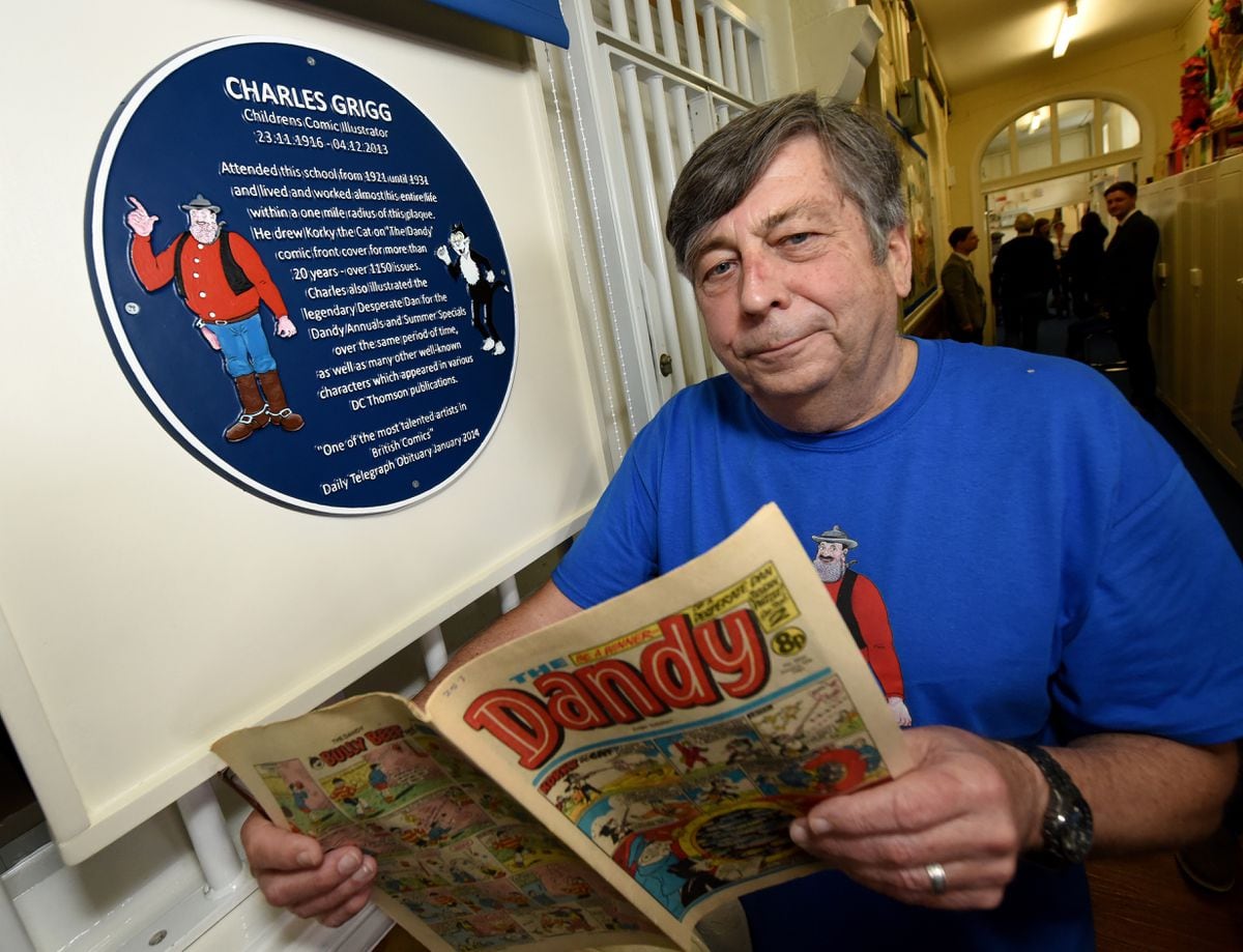 Event to unveil the blue plaque and celebrate the work of Dandy comic artist Charlie Grigg, at Rood End School, Oldbury, which was his school when he was a young boy. Charlie's son Steve next to the blue plaque.     