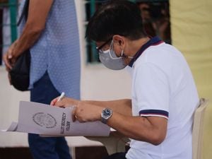Presidential candidate Ferdinand Marcos Jnr, the son of the late dictator, votes at a polling centre in Batac City, Ilocos Norte, northern Philippines, on Monday May 9 2022