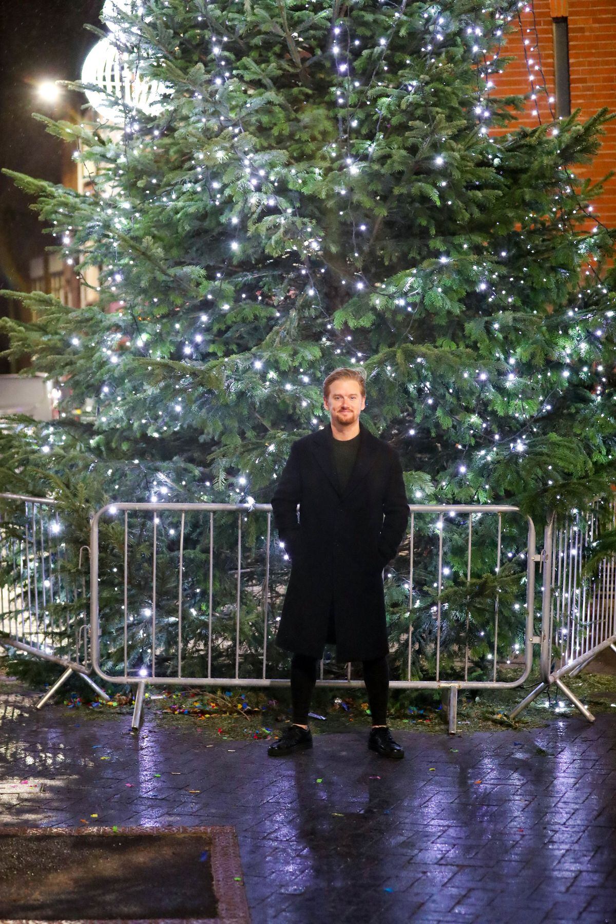 Mikey North takes in the size of the Wednesbury Christmas tree