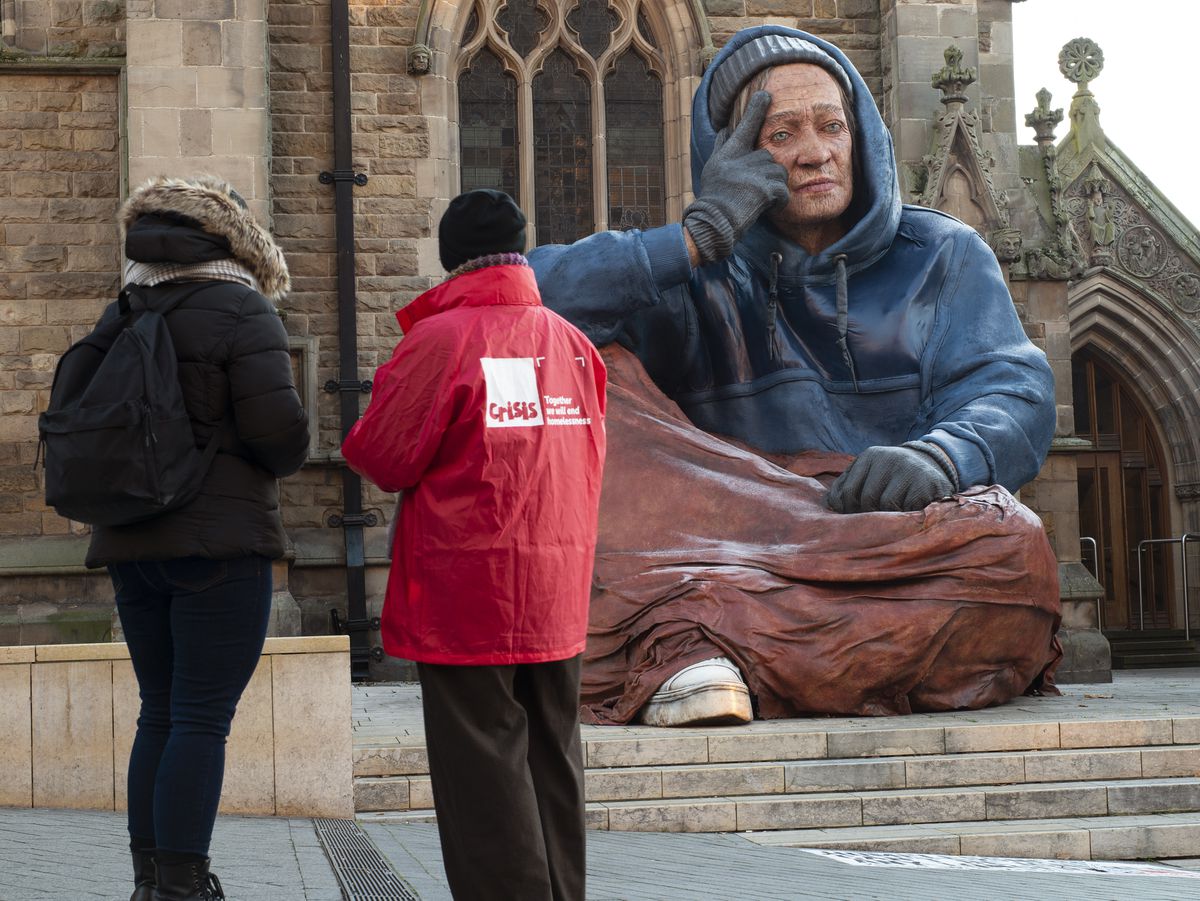 The colossal sculpture, named Alex, uses advanced face mapping technology to combine the facial features of seventeen people experiencing homelessness