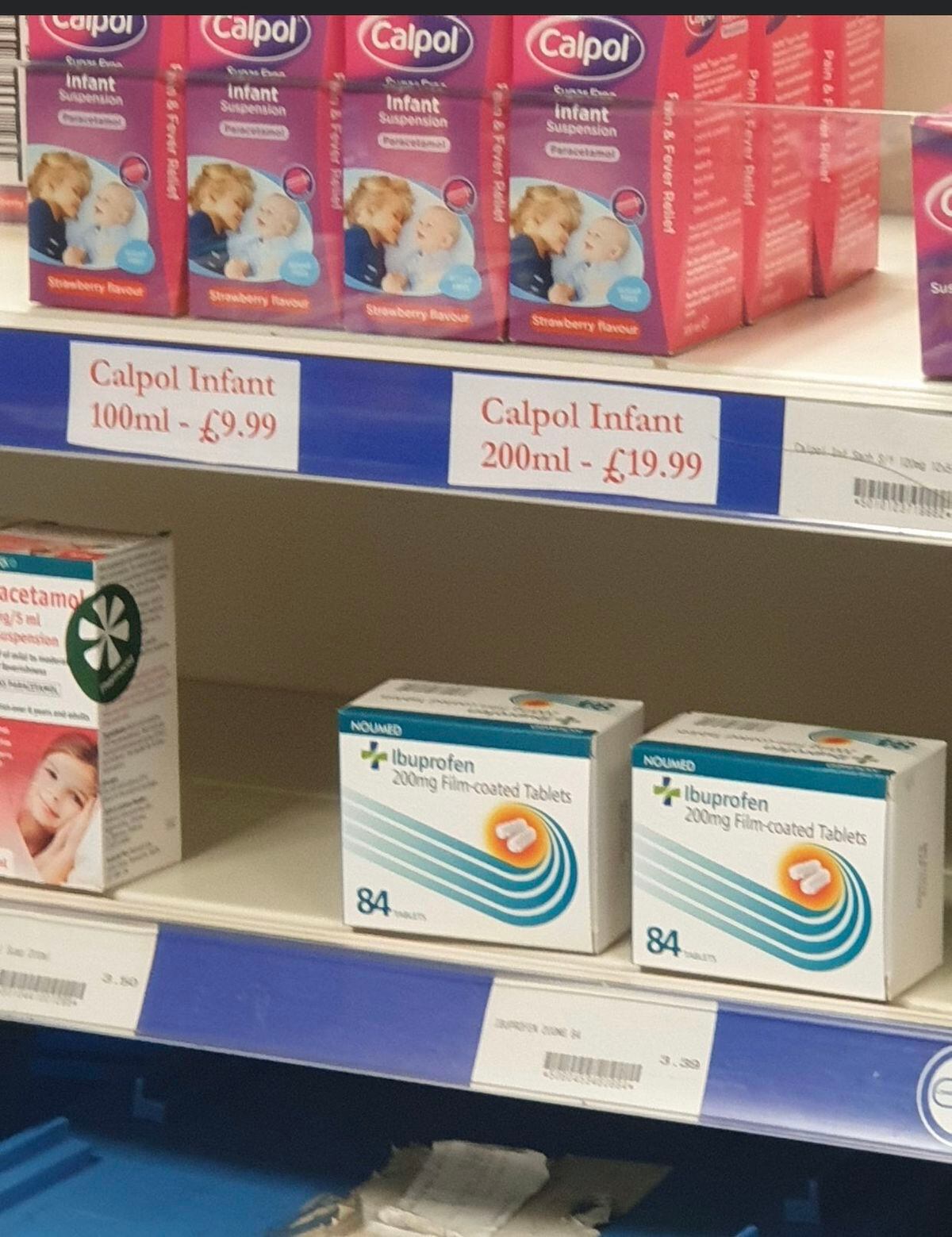 A photograph showing the ‘erroneous’ Calpol pricing at the Jhoots pharmacy in Birmingham