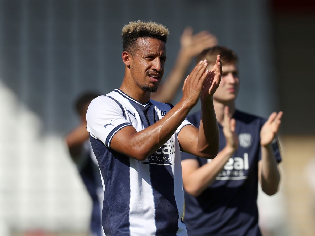 STEVENAGE, ENGLAND - JULY 09: Callum Robinson of West Bromwich Albion applauds the travelling West Bromwich Albion Fans at the end of the match at The Lamex Stadium on July 9, 2022 in Stevenage, England. (Photo by Adam Fradgley/West Bromwich Albion FC via Getty Images).