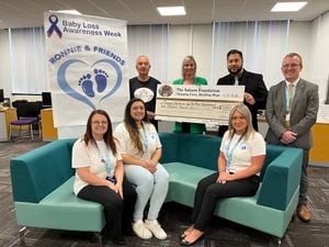 Left to right back row: Fundraiser Steve Waltho, specialist midwife Holly Haden, founder of the Saleem Foundation Councillor Shaz Saleem, CEO and principal of Dudley College of Technology Neil Thomas. Left to right front row: Director of human resources DcoT Kathryn Jones, fundraiser Anumit Kaur and founder of Ronnie and Friends Aimee Garratt