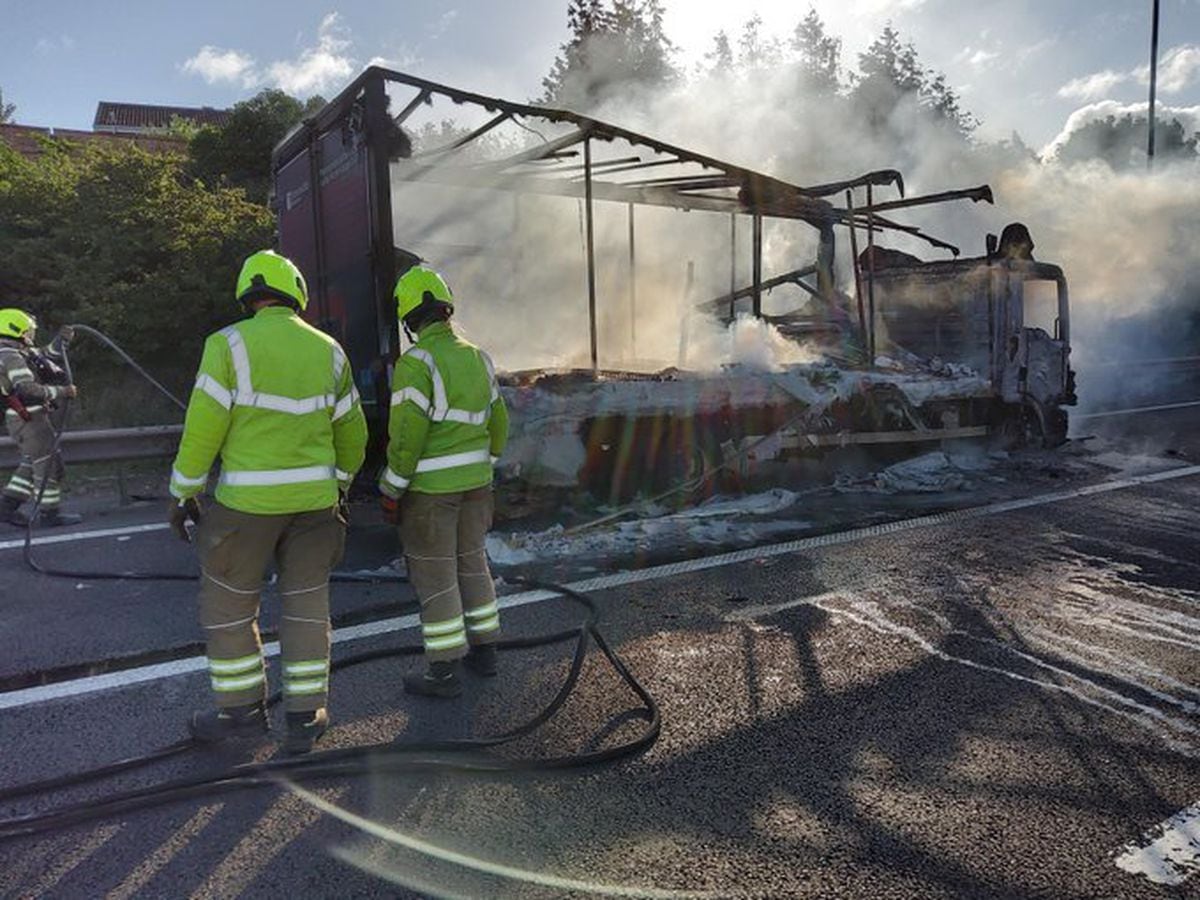 The lorry fire on the M6 between junction 6 and 7. Photo: Highways England