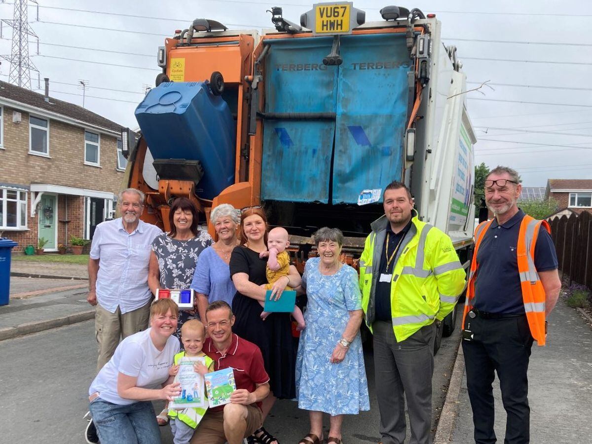 Birthday boy Jude Clarke with his family and special visitors, Pete Wood and Darren Phillips of the Joint Waste Service